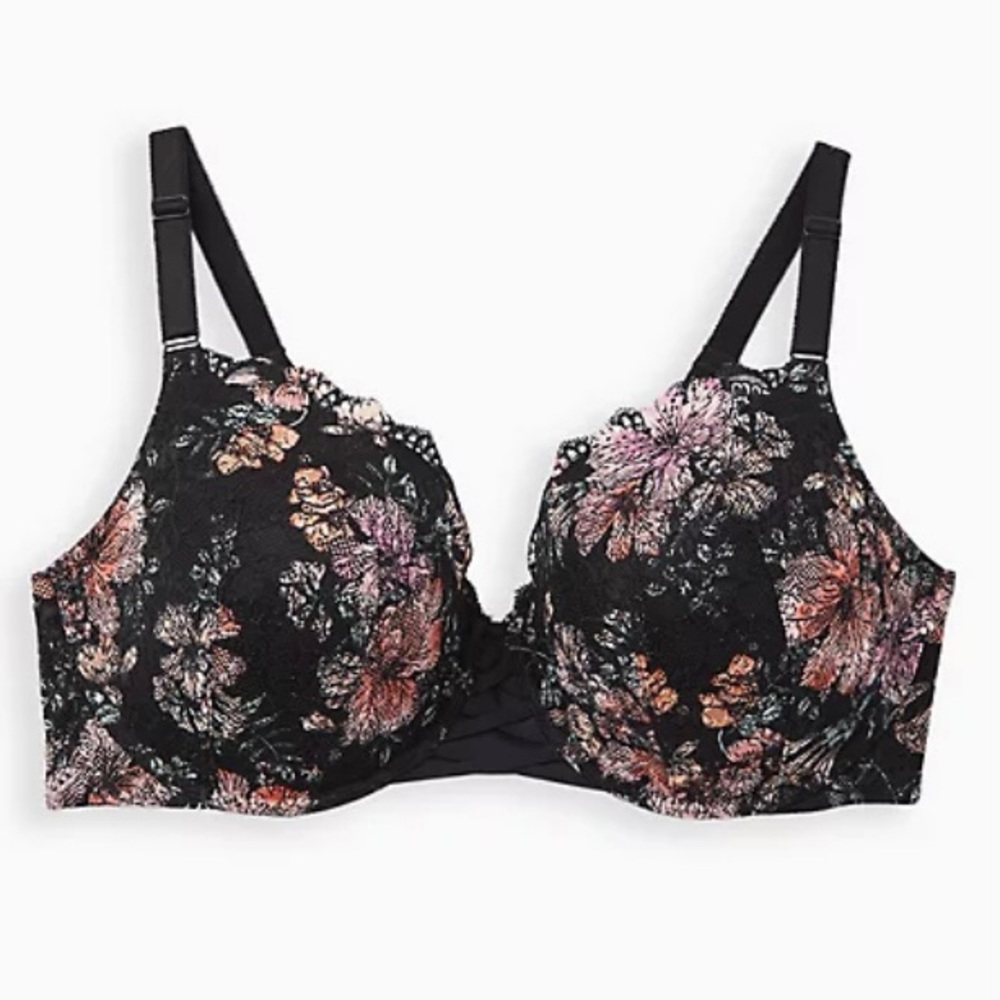 NWT Torrid Black Floral Lightly Lined Lace Wireless Bra 360 Back Smoothing 44DDD